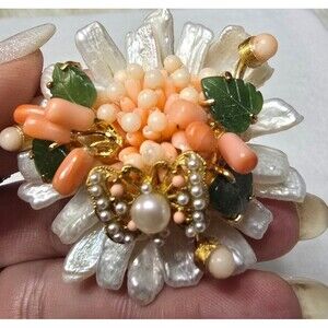 Vintage Barrera Fresh Water Pearl Coral Brooch